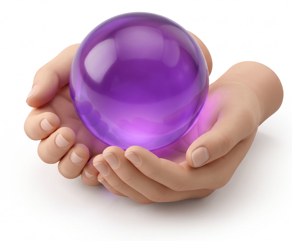 Due mani sostengono una sfera viola trasparente