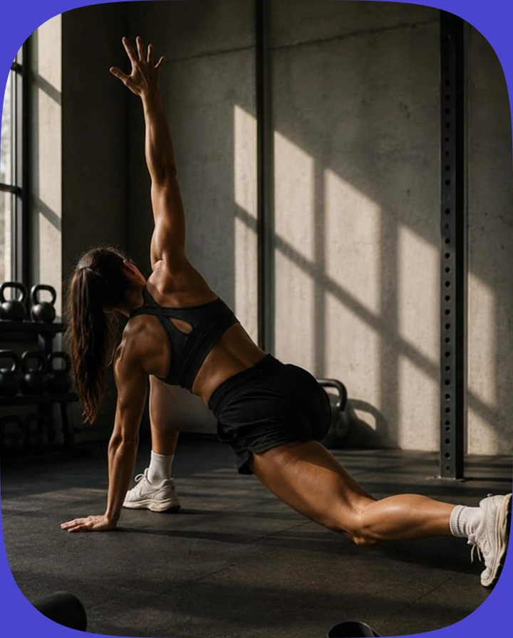 Atleta in un box CrossFit esegue un warm-up a terra vicino al rack