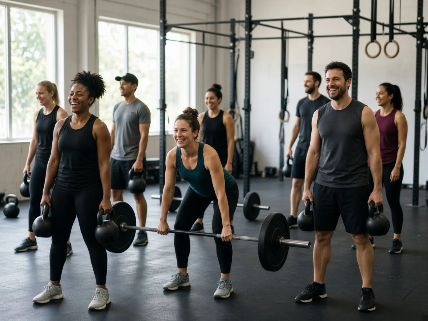 Gruppo di atleti sorridenti che si allenano insieme in un box CrossFit.