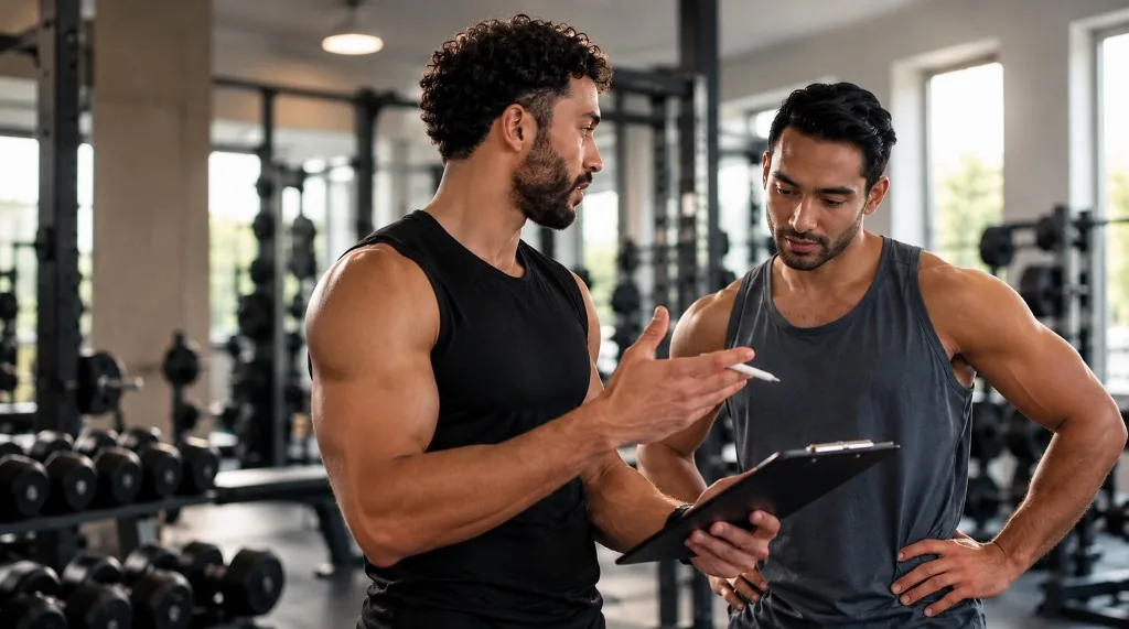 Zwei Personal Trainer sehen sich den Plan im Kraftraum an