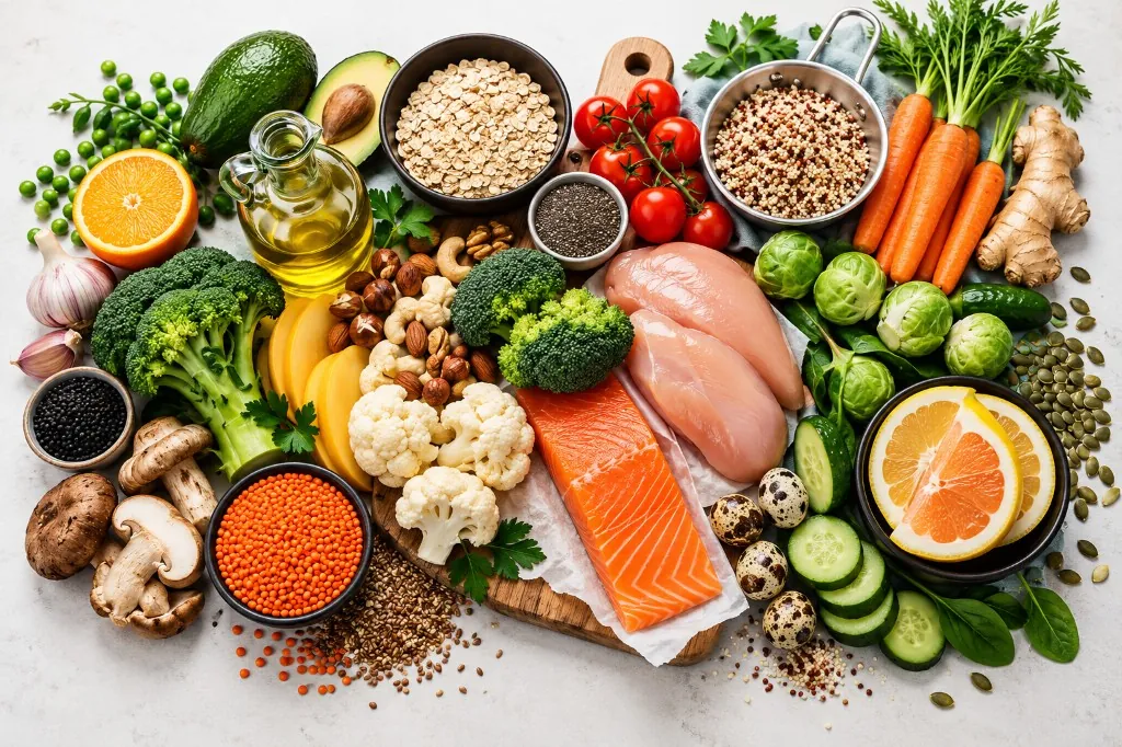 Tisch mit frischen Lebensmitteln von oben, mit Hähnchen, Lachs, Gemüse und Getreide
