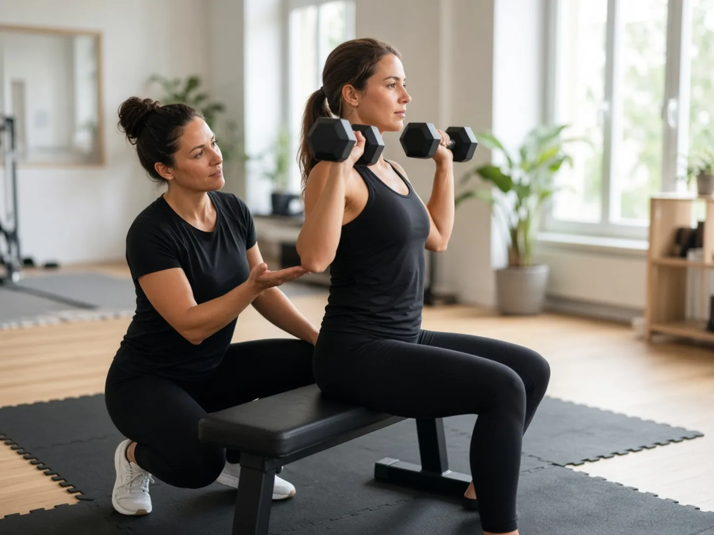 Personal trainer corregge la forma di una cliente al shoulder press con manubri, luce naturale in studio.