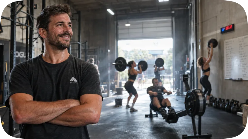 Gérant dans un box CrossFit, bras croisés et souriant, avec des athlètes à l’entraînement derrière